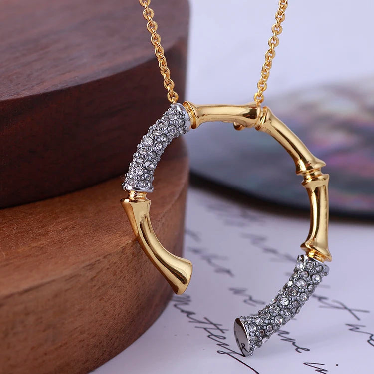 Brass With 18K Gold AAA Zircon Bamboo Pendant Necklace Women Jewelry Punk Designer Runway Rare Gown Boho Japan Korean