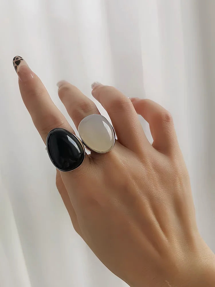 Brass Natural Stone Egg Charm Solid Rings Women  Jewelry Punk Designer Club Cocktail  Party Boho Japan Korean