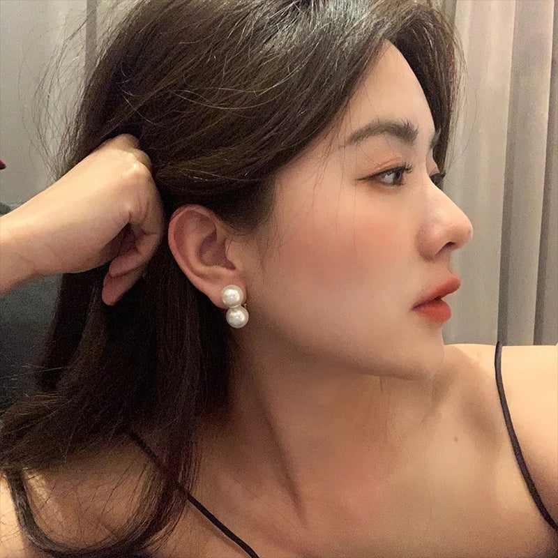Brass With 18K Gold Faux Pearl Stud Earrings Women Jewelry Party Boho T Show Gown Runway Party Rare Korean Japan Trendy