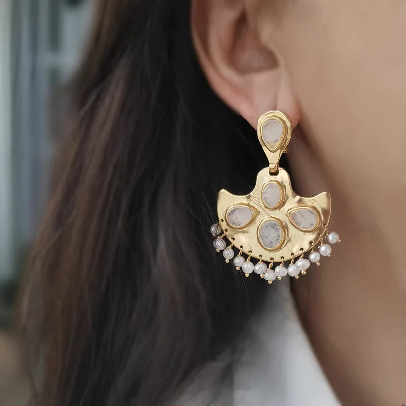 Brass Retro Rhinestoned Fan Earrings Women Jewelry Punk Party T Show Gown Runway Korean Japan INS