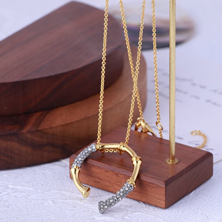 Brass With 18K Gold AAA Zircon Bamboo Pendant Necklace Women Jewelry Punk Designer Runway Rare Gown Boho Japan Korean