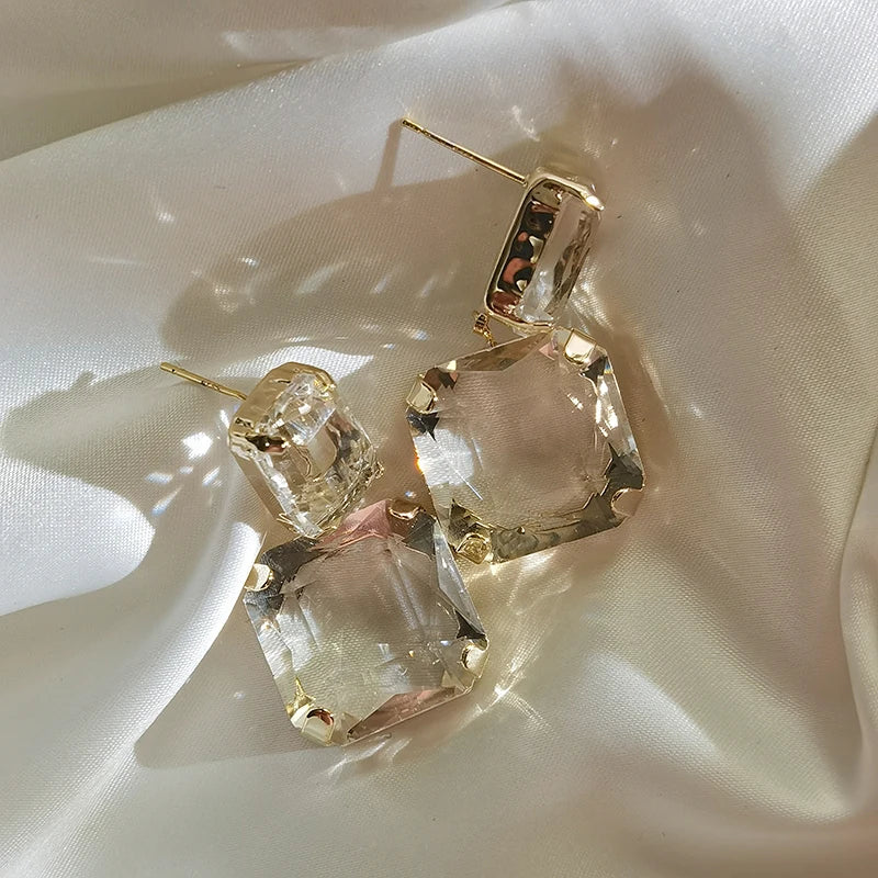 Brass With 18K Geo Clear Stone Statement Earrings Women Jewelry Punk Designer Runway Rare Simply Gown Boho Japan Korean