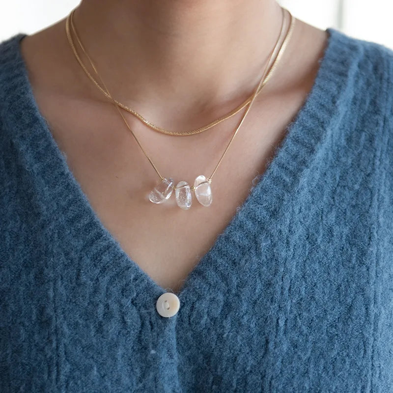 Brass With 18K Layered Snake Chian Crystal Clear Beads Necklace Women  Jewelry Designer T Show Runway Gown  Rare Glam Japan Ins