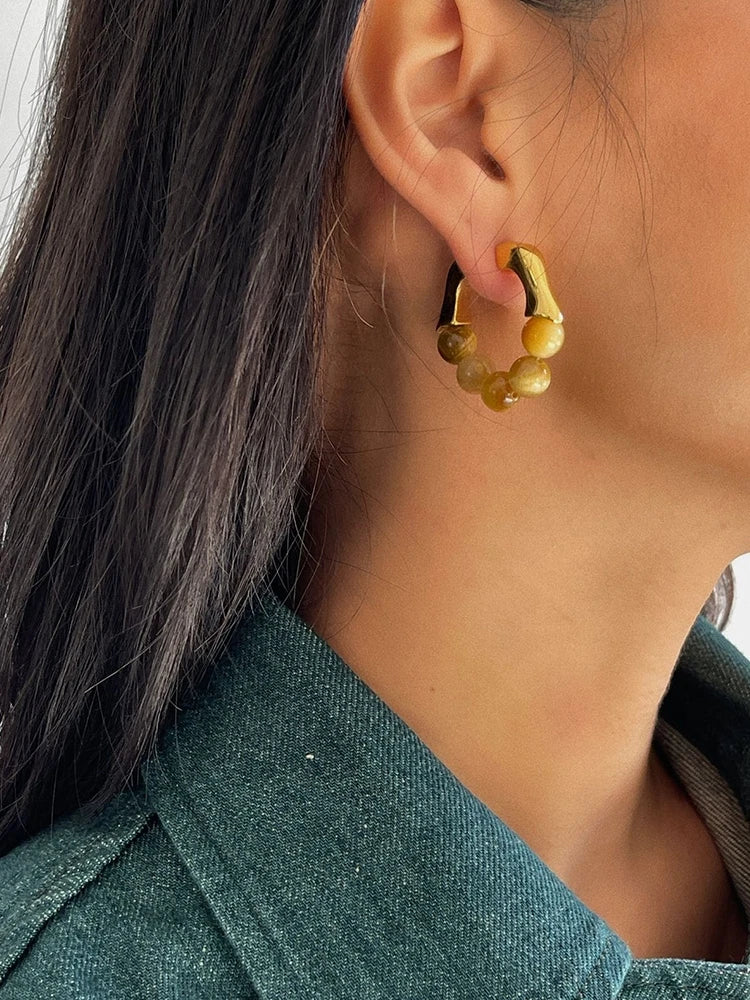 Brass With 18K Real Gold Natural Beads Hoop Earrings  Women Jewelry Party Boho T Show Gown Runway Rare Korean Japan INS