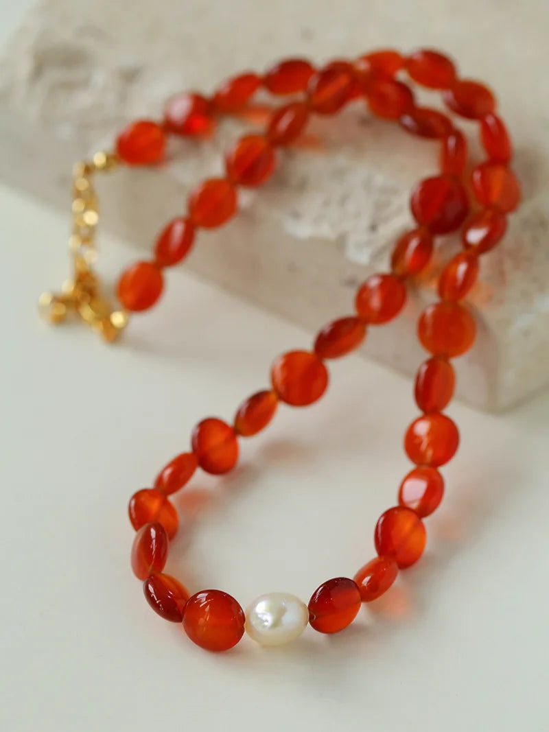 Brass  Natural Red Jade Freshwater Pearl Beads Necklace Women Jewelry Punk Designer Runway Rare Gown Boho Japan Korean