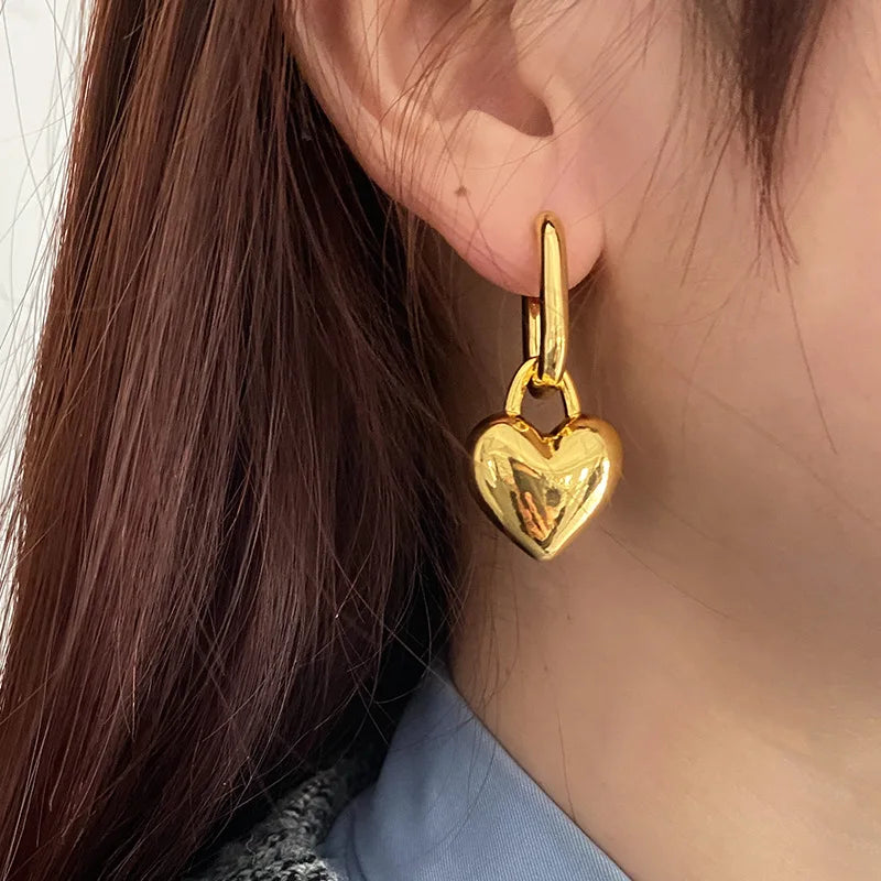 Brass Chunky Linked Heart Pendant Drop Earring Women Jewelry Punk Designer Runway Rare Simply Gown Boho Japan Korean