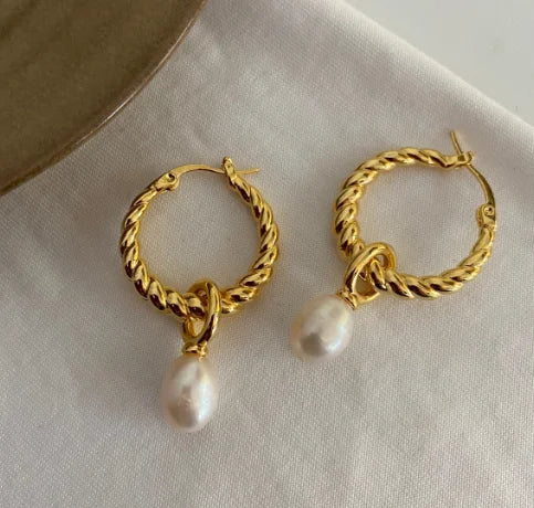 Brass Vintage Real Natural Pearl Twist  Hoop Earrings Women Jewelry Party Boho T Show Gown Runway Rare Korean Japan Trendy