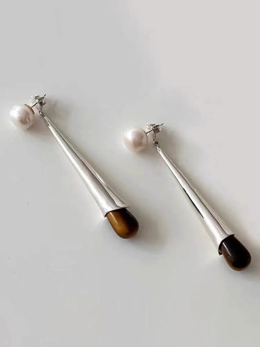 Brass Freshwater Pearl Natural Stone Jade Long Bar Earring Women Jewelry Punk Designer Runway Rare Simply Gown Boho Japan Korean