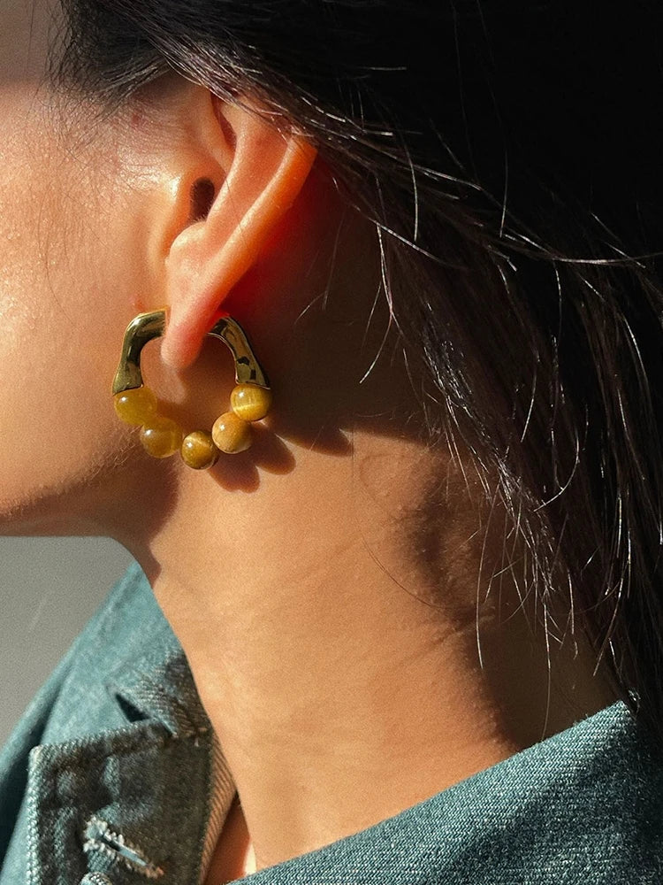 Brass With 18K Real Gold Natural Beads Hoop Earrings  Women Jewelry Party Boho T Show Gown Runway Rare Korean Japan INS