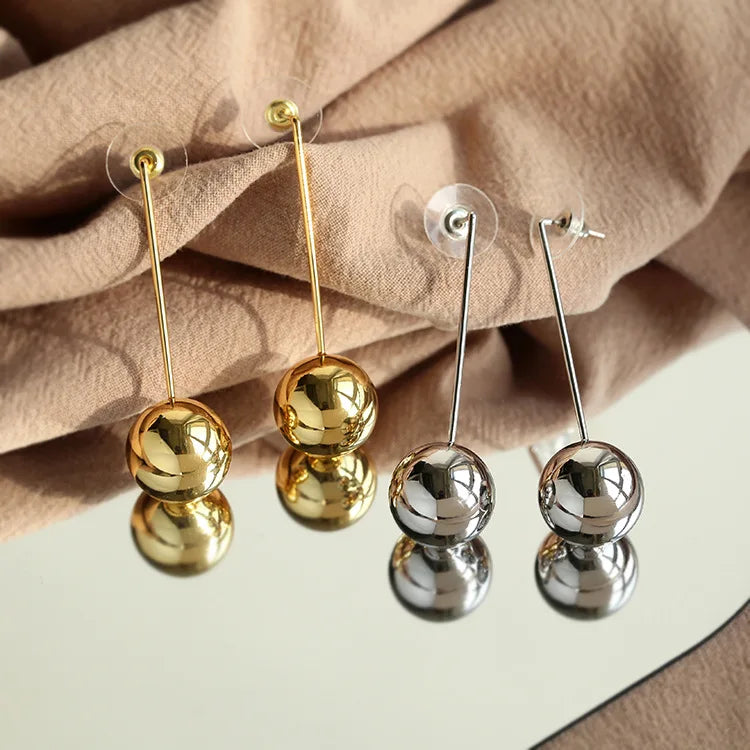 Brass With 18K Gold Long Ball Drop Earrings  Women  Jewelry Punk Party Gown  Runway Korean Japan INS Fashion