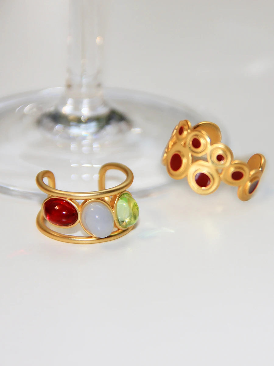 Brass Solid Colorful Stone  Rings Women Jewelry Punk Boho Party Designer Club Cocktail Party Ins Rare Japan South Korean Trendy