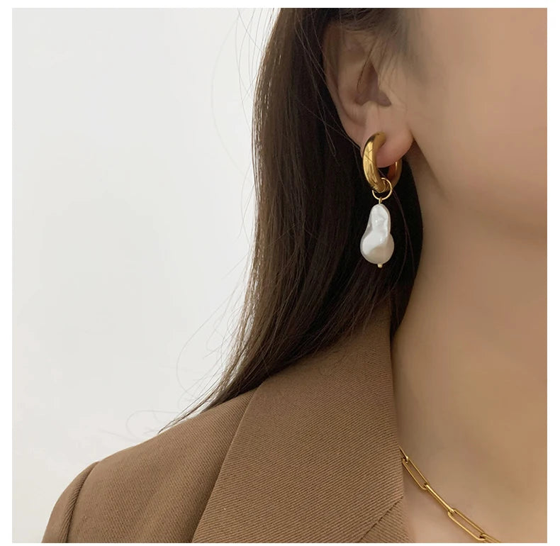 Titanium With 18 K Gold Geo Faux Baroque Pearl Drop Earrings Punk Party Gown  Runway rare Boucle  Korean Japan INS Boho Top