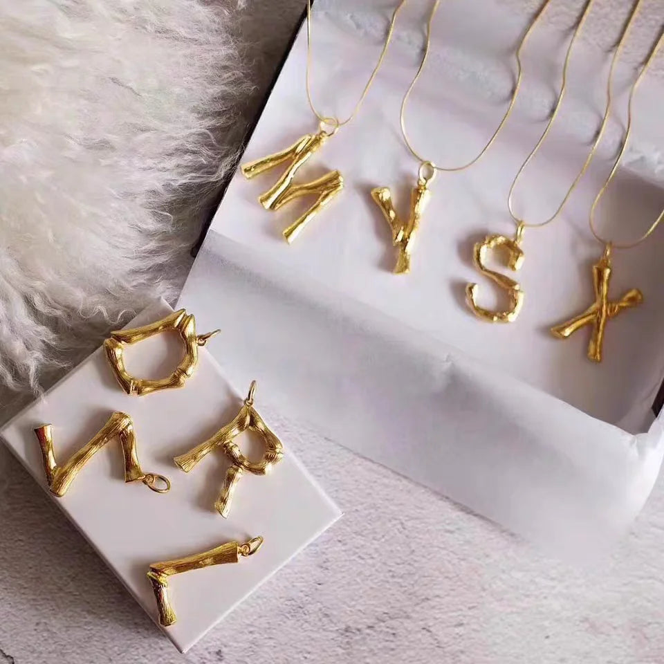 Brass With 18K Gold Big Pendant 26 Letter Necklace Women Jewelry Designer T Show Party Runway Boho Japan Korea