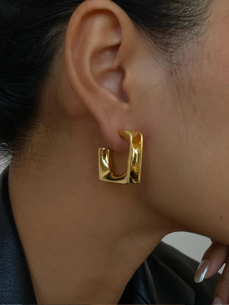 Brass With 18k Gold Hammered Square Hoops Ear Earrings Women Jewelry Party Boho T Show Gown Runway Rare Korean Japan Trendy INS