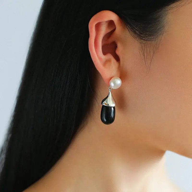Brass Natural Pearl Black Jade Drop Earrings Women Jewelry Punk Party T Show Gown Runway Korean Japan INS