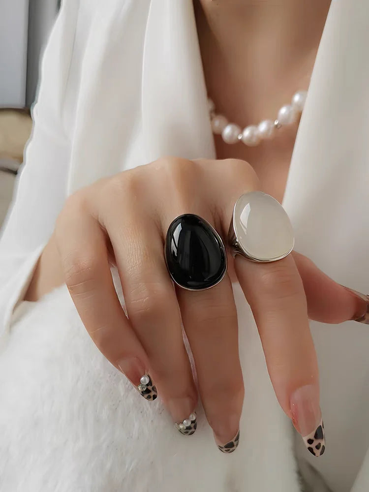 Brass Natural Stone Egg Charm Solid Rings Women  Jewelry Punk Designer Club Cocktail  Party Boho Japan Korean