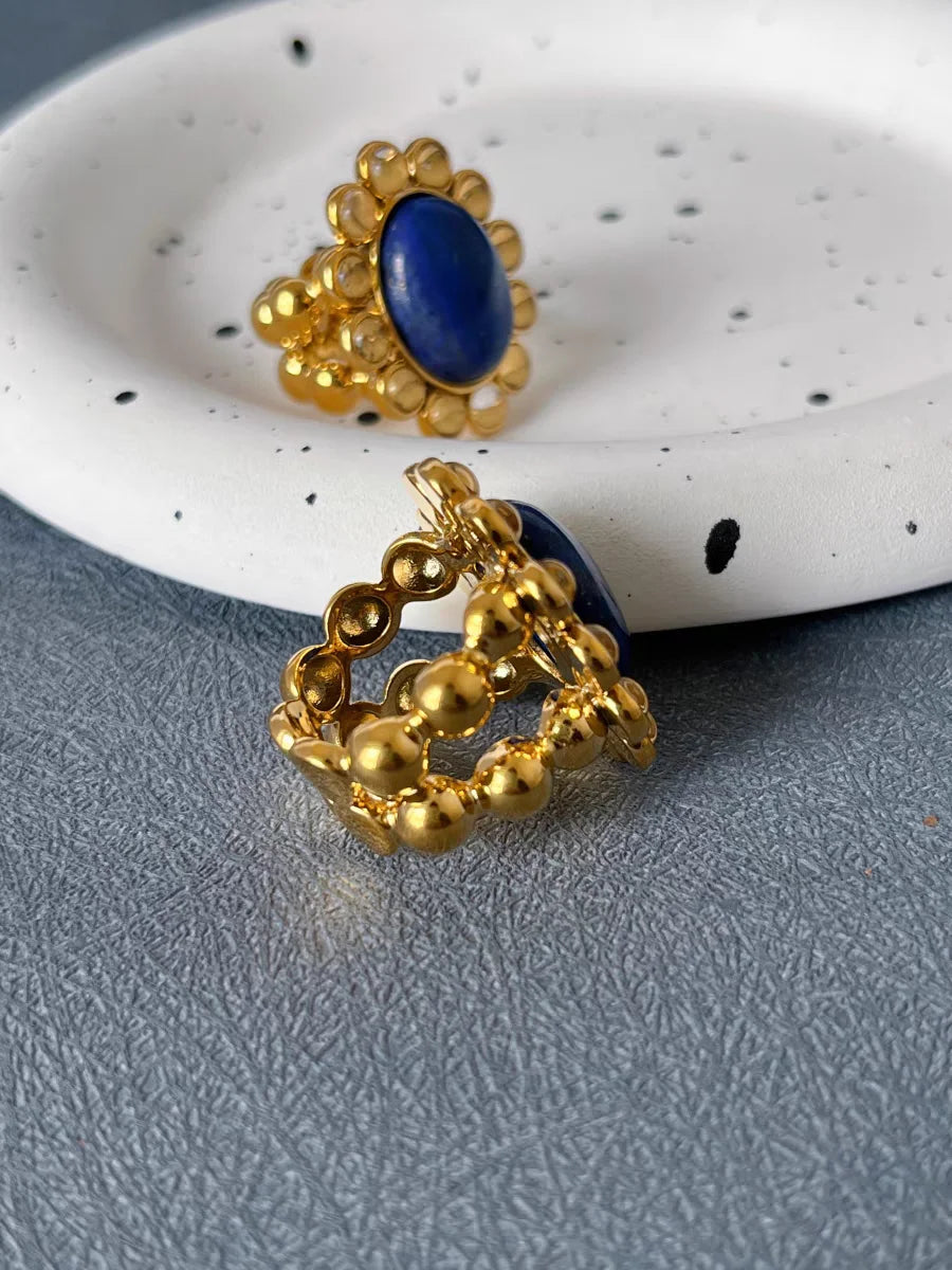 Brass Rhinestoned Natural Blue Stone Ring Punk Gothic Party Designer Club Cocktail Party Gown Amazing Gift Trendy Top Jewelry