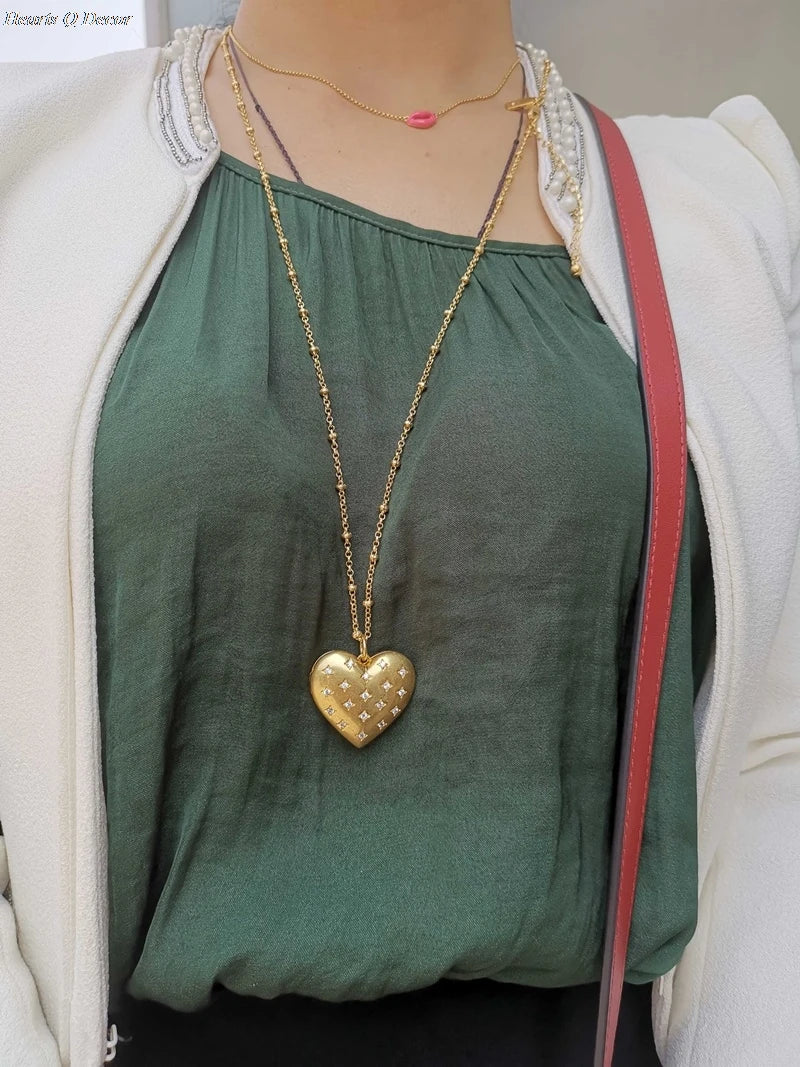 Zirconia Locket Heart Long Chain Pendant Necklace OL Designer T Show Runway Gown Sweety Boho Amazing Jewelry