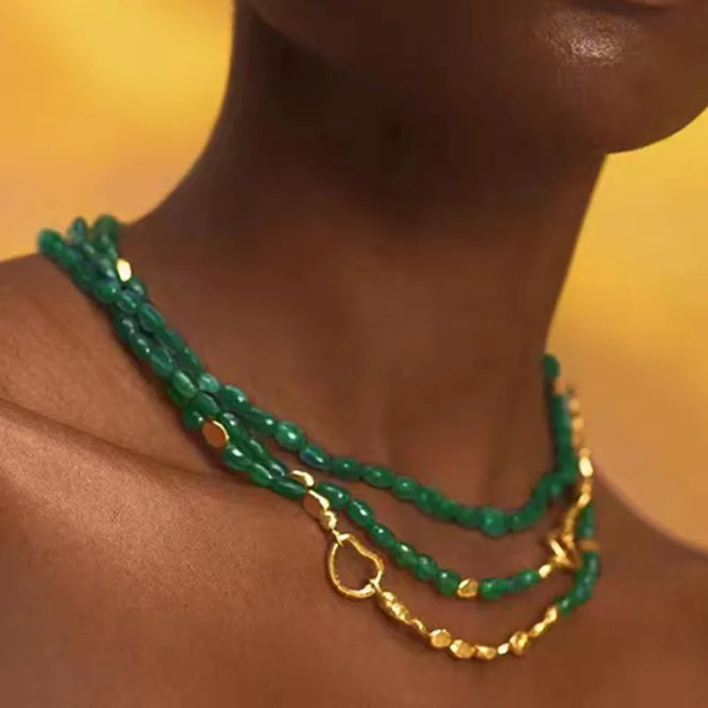 Natural Blue Green Jade Half Beads Choker Necklace Women Jewelry Punk Designer Runway Rare Gown Boho Japan Korean