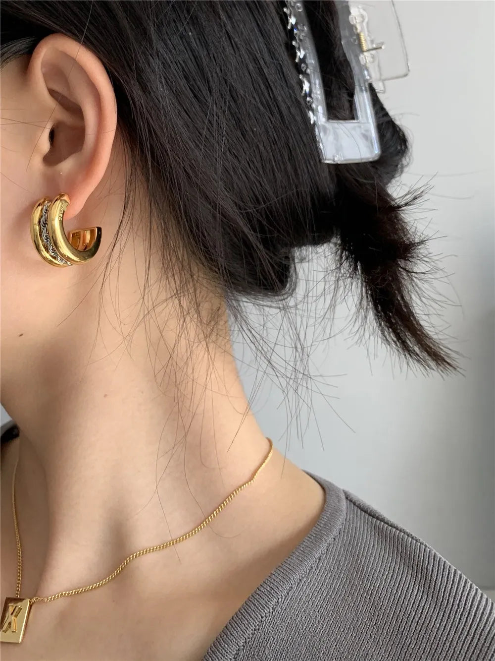 Brass With 18k Gold 2 Tone Chained Twist Drop Earrings Women Jewelry Party T Show Gown Runway Rare Korean Japan Trendy INS