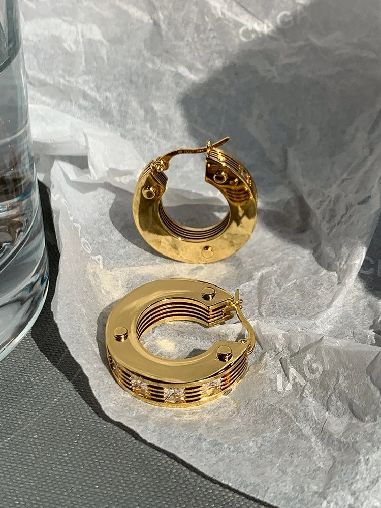 Brass With 18k Gold AAA Zircon Hoop  Earrings Women Jewelry Party Boho T Show Gown Runway Rare Korean Japan Stuning