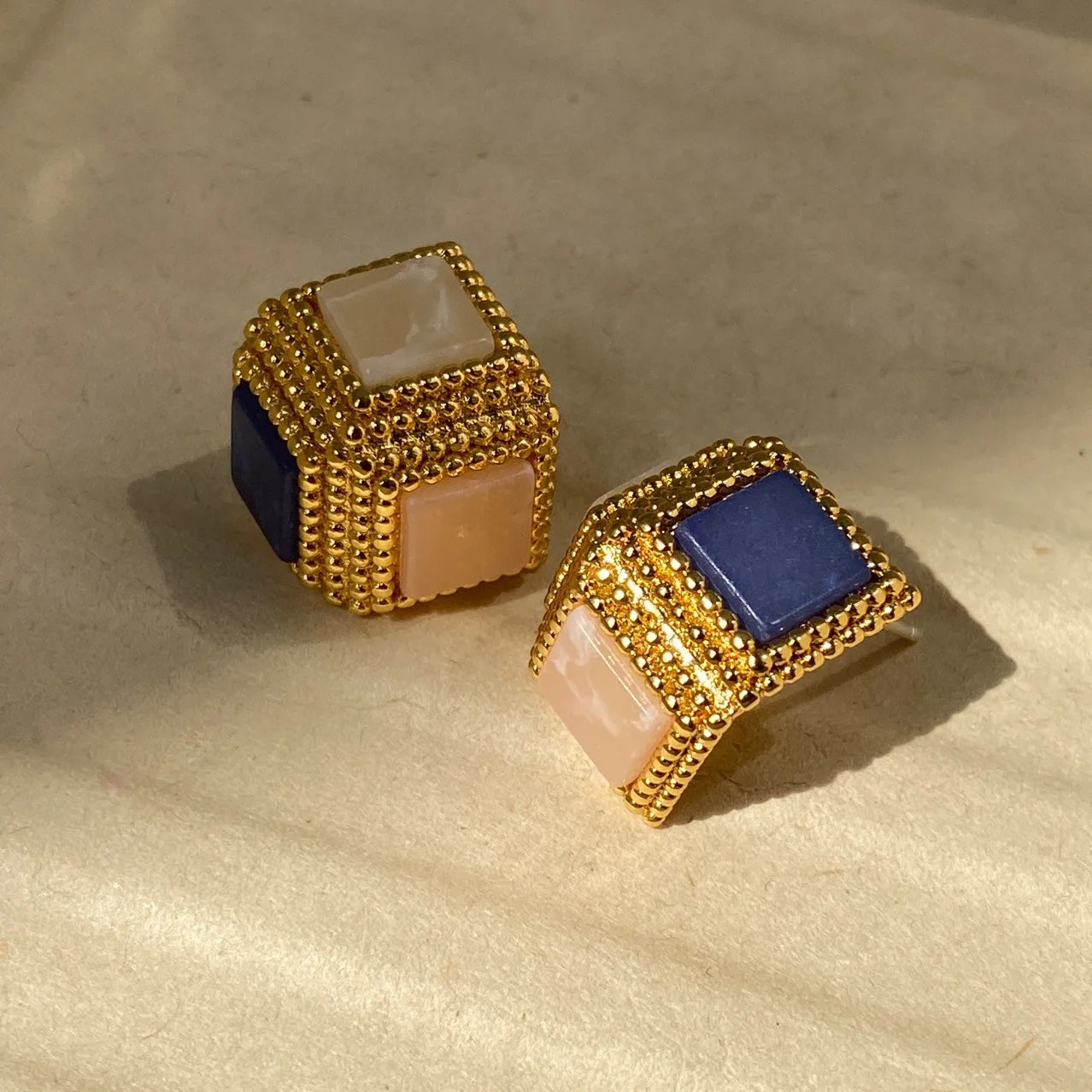 Brass Vintage Geo Colorful Square Earrings Women Jewelry Party Boho T Show Gown Runway Rare Korean Japan Trendy