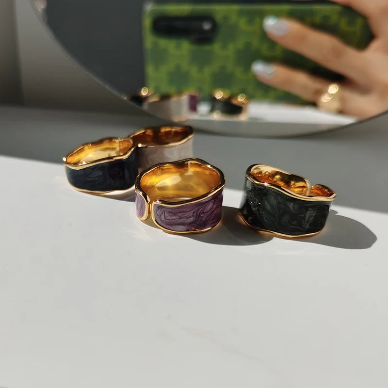 Brass With 18 K Gold Retro Enemal Rings Women Jewelry Punk T Show Designer Club Cocktail Party Japan Korea Fashion