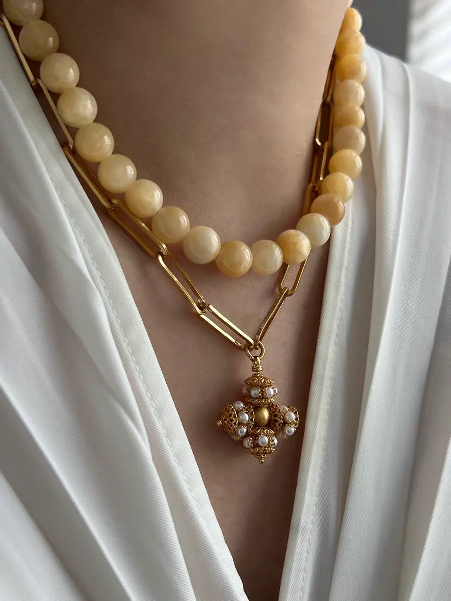 Brass Chunky Natural Beads Floral Pendant Necklace Women Jewelry Punk Designer Runway Rare Gown Boho Japan Korean