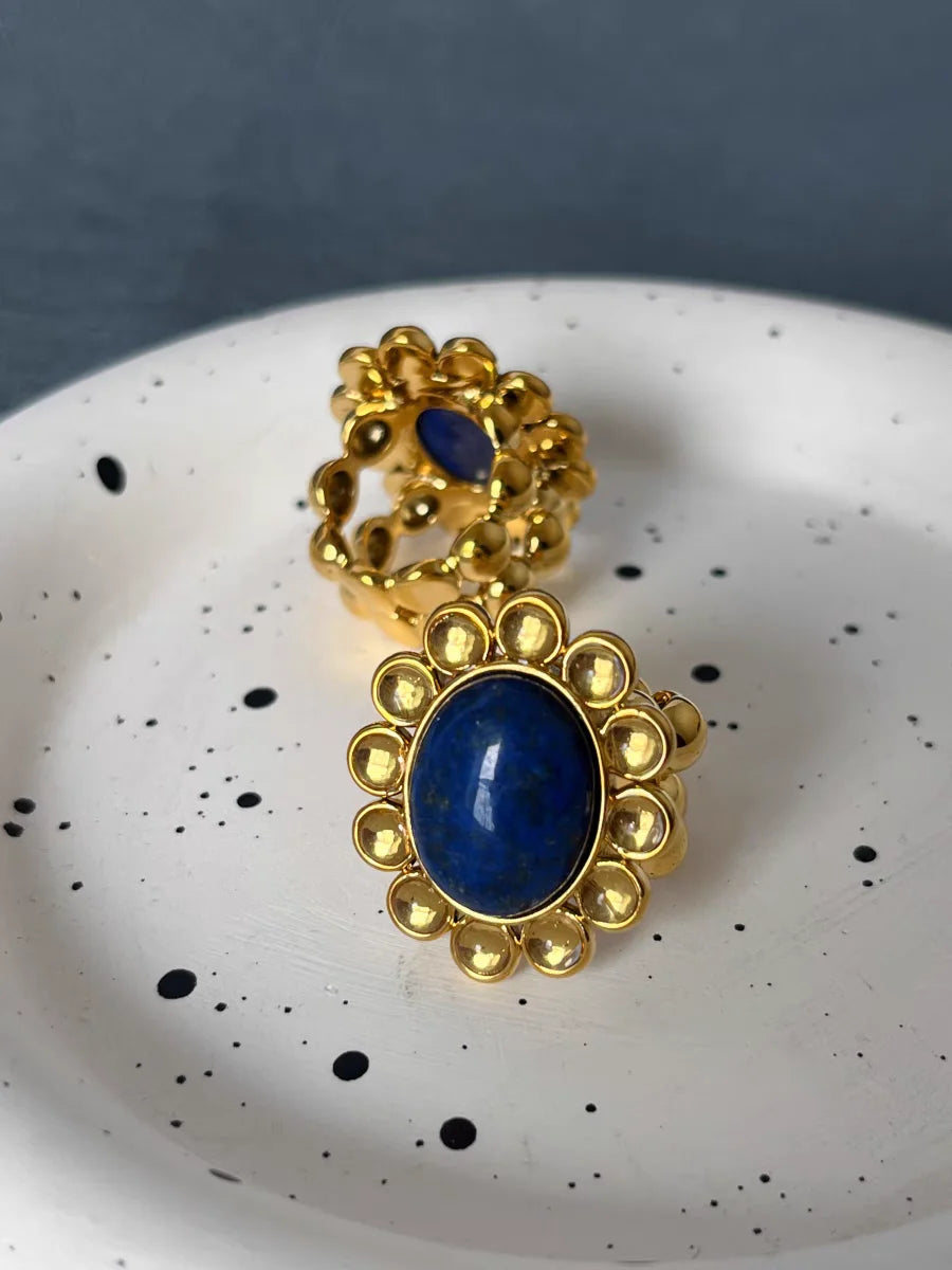 Brass Rhinestoned Natural Blue Stone Ring Punk Gothic Party Designer Club Cocktail Party Gown Amazing Gift Trendy Top Jewelry