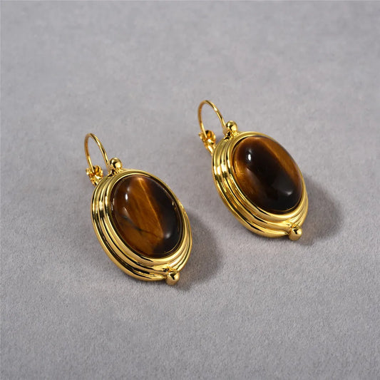 Brass With 18K Natural Tiger Eye Stone  Earrings Punk Party Gown Runway Boucle d'oreille Korean Japan Style Fashion