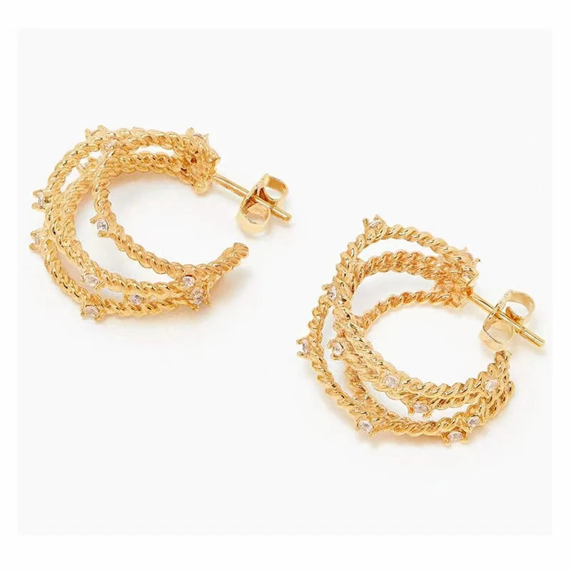 Brass With 18K Gold AAA Zirconia Braided Earring Women Jewelry Designer T Show Runway Gown Rare INS Japan Korean