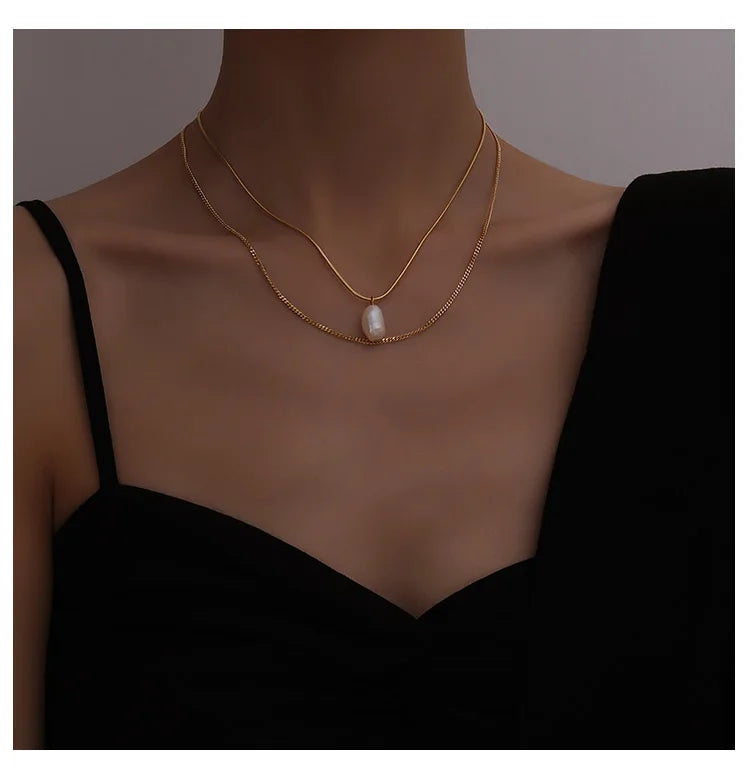 Titanium With 18K Gold Geo Chained Statement Necklace Women  Jewelry Designer T Show Runway Gown Rare INS Japan Korean Fashion