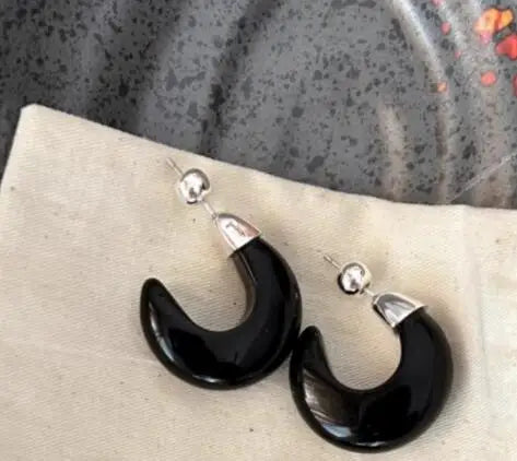 Brass Retro Black Jade CC Hoop Earrings Women Jewelry Punk Party T Show Gown Runway Trendy  Korean Japan Israel  Style INS