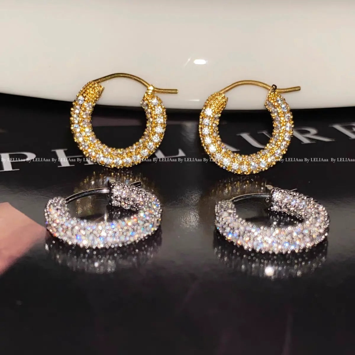 Brass With 18K Rhinestoned Geo Small Hoop Earrings Women Jewelry Punk Party T Show Gown Runway Korean Japan INS