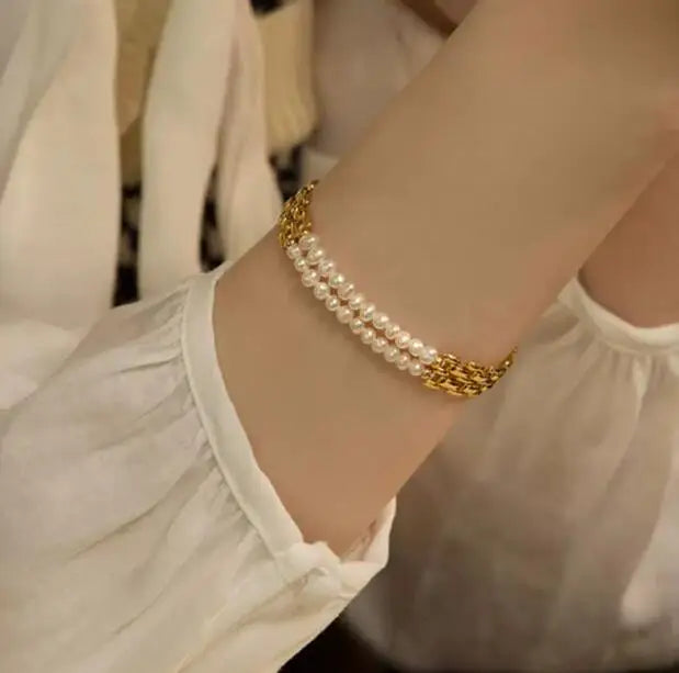 Brass With 18K Real Layered Baroque Pearl Watch Band Bracelet  Women Jewelry Punk Party T Show  Gown Runway  Korean Japan  Style