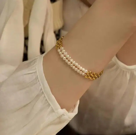 Brass With 18K Real Layered Baroque Pearl Watch Band Bracelet  Women Jewelry Punk Party T Show  Gown Runway  Korean Japan  Style
