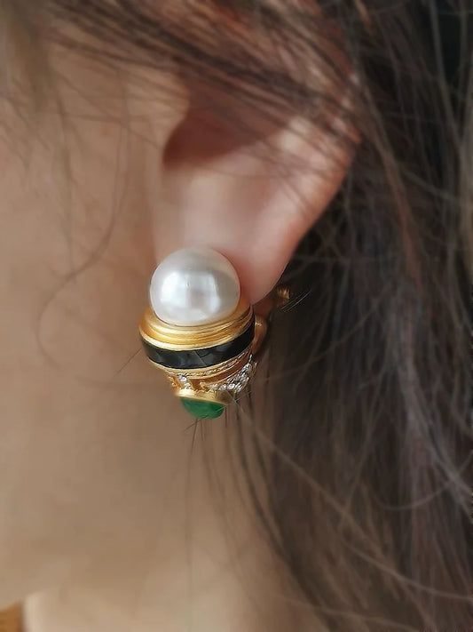 Brass Green Stone Zirconia Faux Pearl Horn Earrings Women Jewelry Punk Party T Show Gown Runway Korean Japan INS