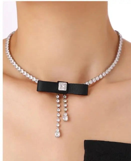 Brass AAA Zircon Leather Knot Necklace Earrings  Women Jewelry Punk Designer Runway Gown Boho Japan Korean