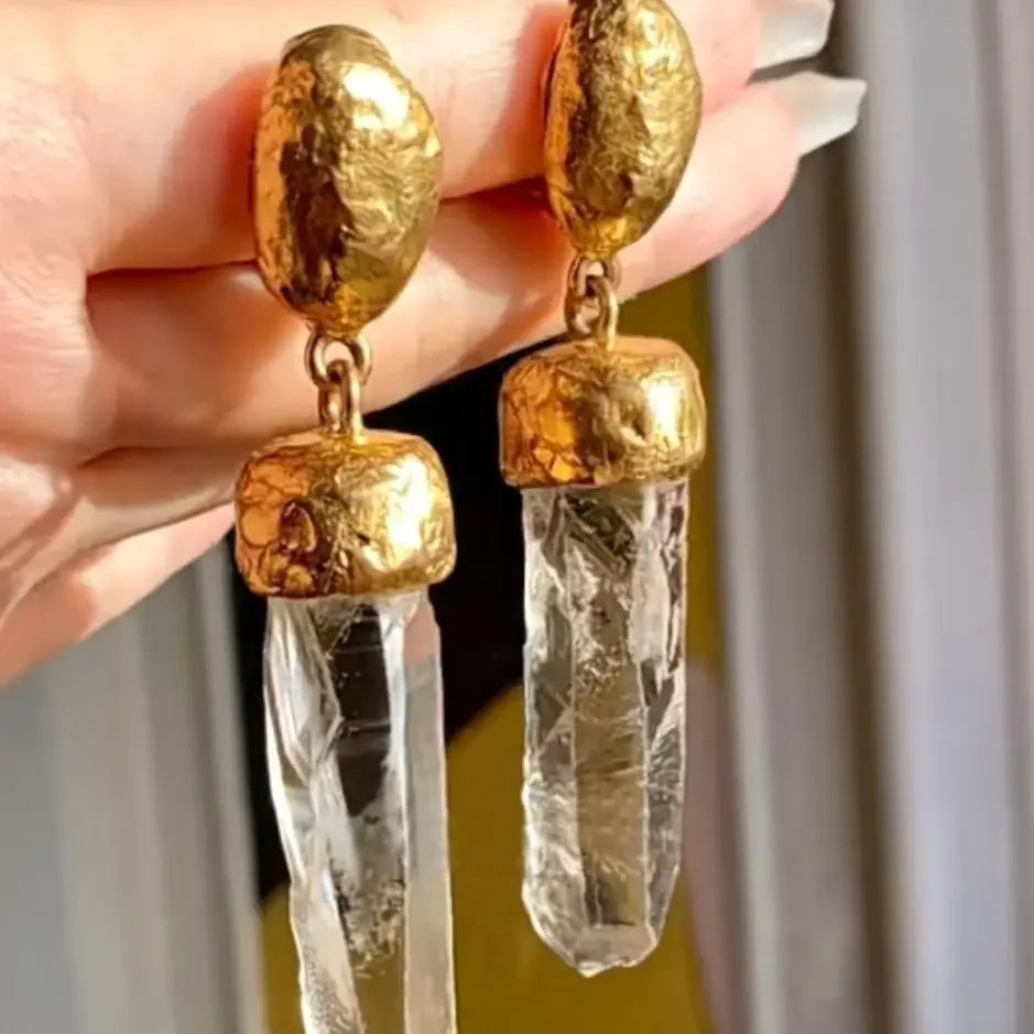Brass With18k Gold Retro Natural IrregularCrystal Earrings Women Jewelry Party T Show Gown Stuning  Runway rare Trendy INS