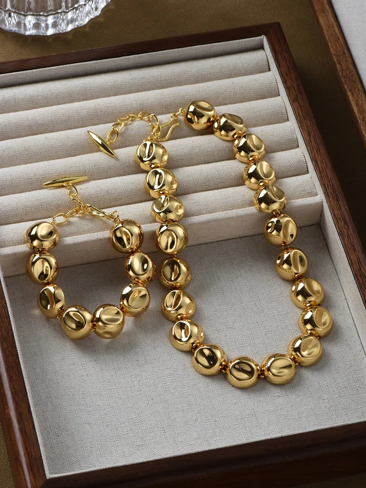 Brass With 18K Chunky Beads Choker Bracelet Women Jewelry Designer T Show Runway Gown Rare INS Japan Korean Trendy