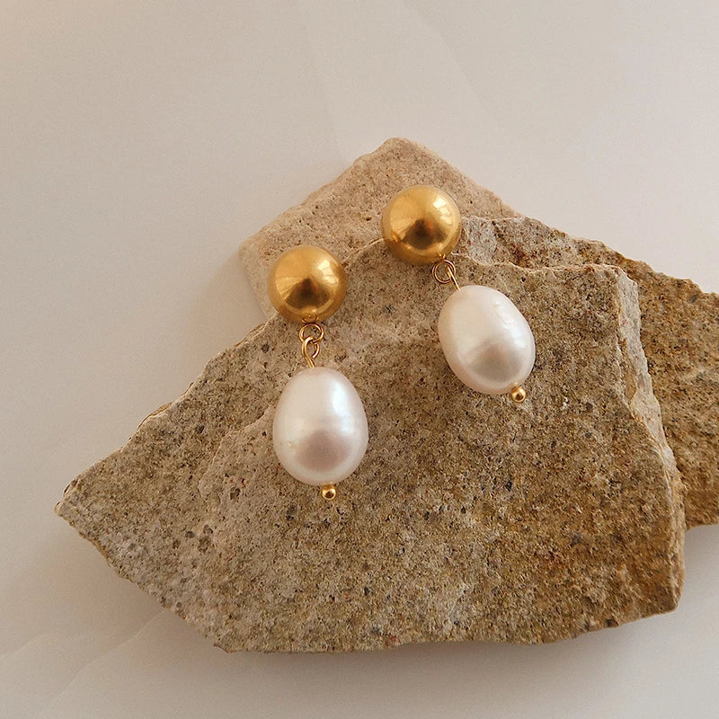 Titanium With 18k Gold Real Pearl Water Drop Earrings Women Jewelry Party T Show Gown Runway Rare Korean Japan Trendy INS Boho