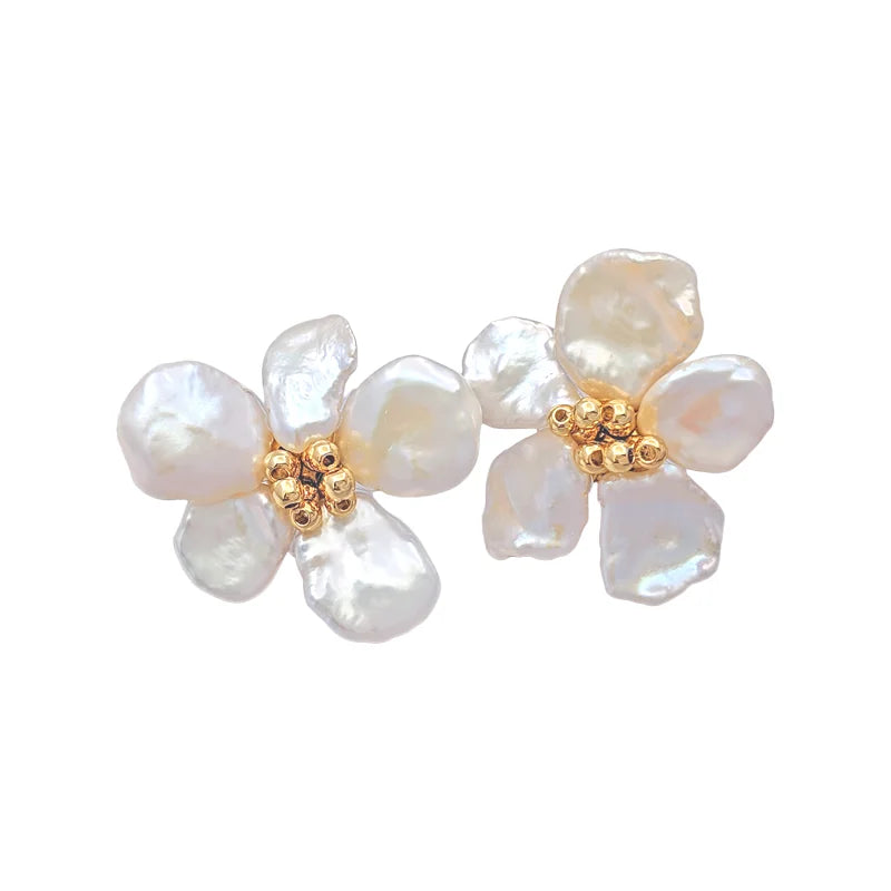 Brass Natural Pearl Floral Stud Earrings Women Jewelry Gothic Boho Designer Unique Party Elegance Gifts Japan Korean Fashion
