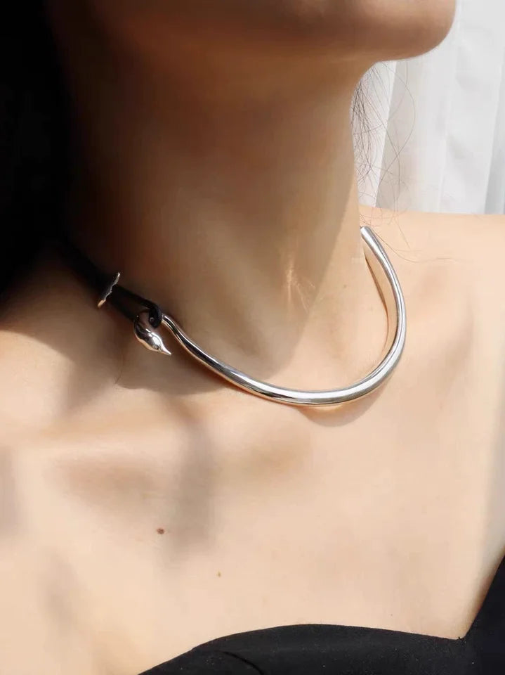 Brass Real Leater Tube Choker Necklace Women Jewelry Punk Designer Runway Rare Gown Boho Japan Korean