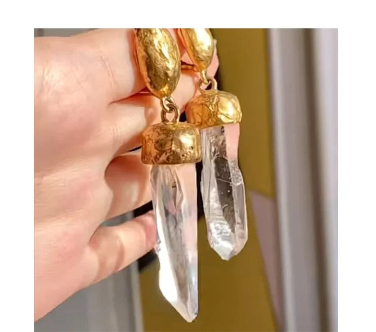 Brass With18k Gold Retro Natural IrregularCrystal Earrings Women Jewelry Party T Show Gown Stuning  Runway rare Trendy INS