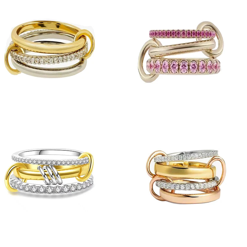 Brass AAA Zircon Pink White Blue Color Link Chain Rings Women Jewlery Designer T Show Club Cocktail Party Rare Japan Korean INS