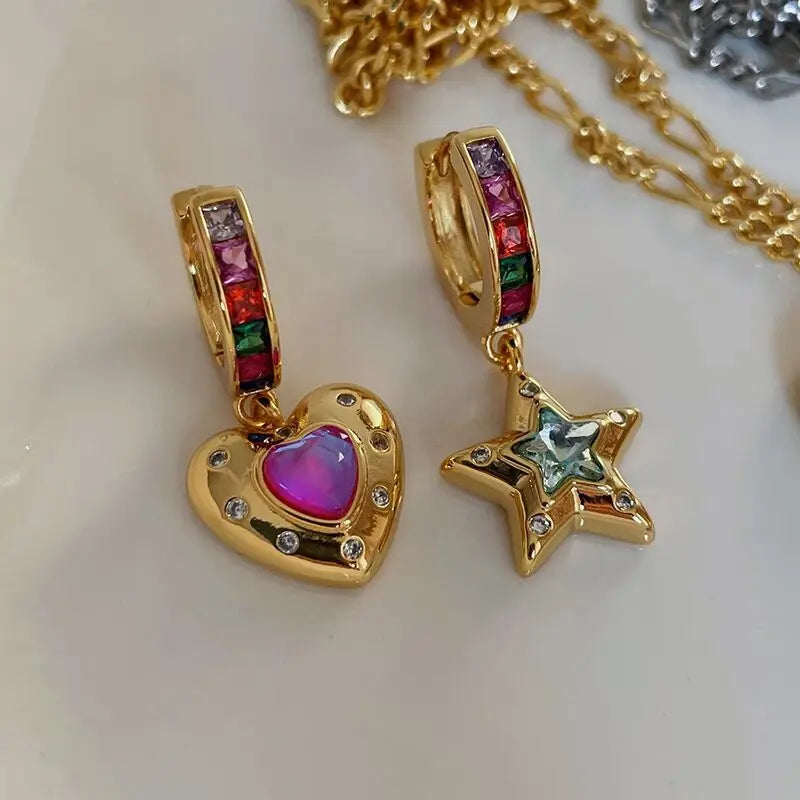 Brass AAA Zircon Iregular Heart Pendant  Earrings Women Jewelry Punk Designer Runway Rare Simply Gown Boho Japan Korean