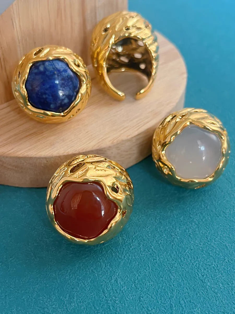 Brass Solid Natural Stone Colorful Ring Women Jewelry Punk Party Designer Club Cocktail  Party Gown Trendy Top Japan