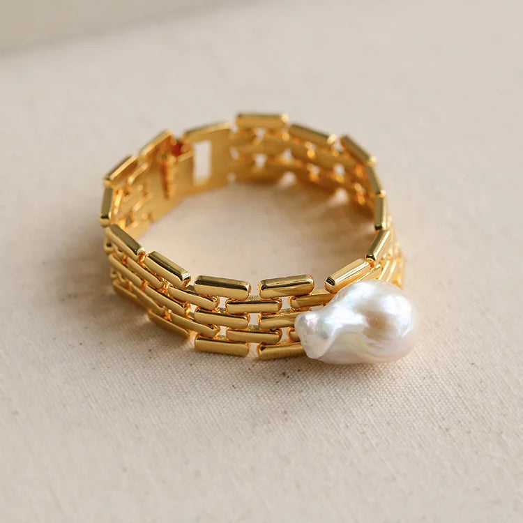 Brass Retro Real Baroque Pearl Watch Band Earrings Women Jewelry Punk Party T Show  Gown Runway  Korean Japan  Style