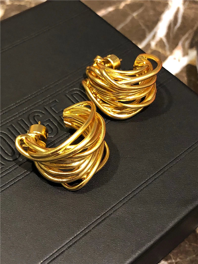 Brass With 18K Vintage Line Mixed Statement Hoop Earrings Punk Party Gown Runway Boucle d'oreille Korean Japan Style Fashion