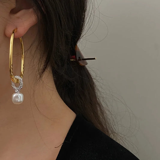 Brass AAA Zircon Natural Freshwater Pearl Big Drop Earrings Women Jewelry Punk Party T Show Gown Runway Korean Japan INS